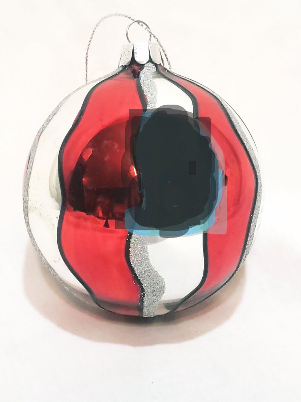 Red Silver Glitter Spiral Ball JS Hand Blown Glass Ornament 3.5"